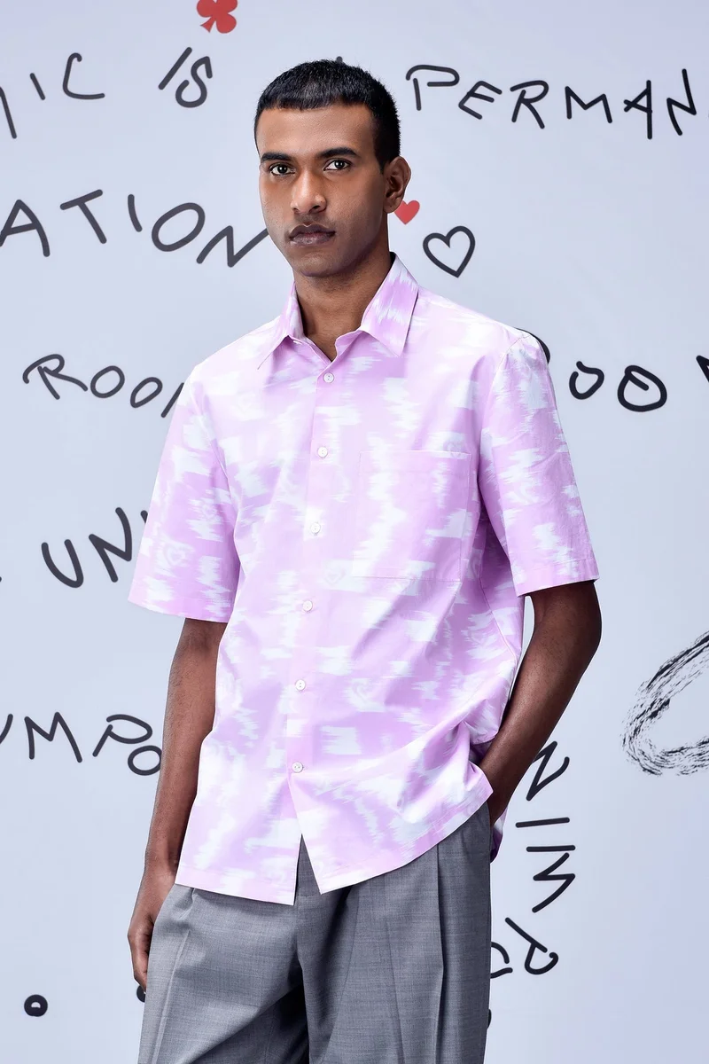 Genes Lecoanet Hemant Ikat Check Print Regular Fit Shirt - Smoothie Pink